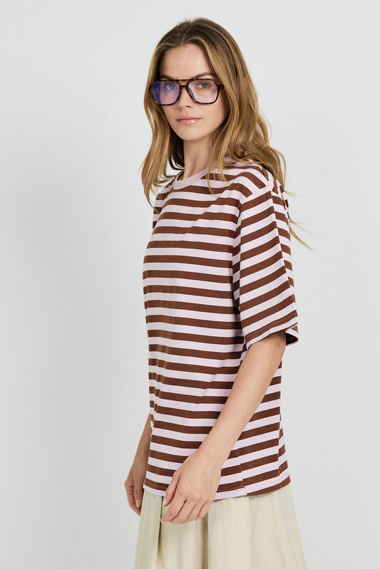 Oversized Striped Basic T-Shirt – Pink & Brown