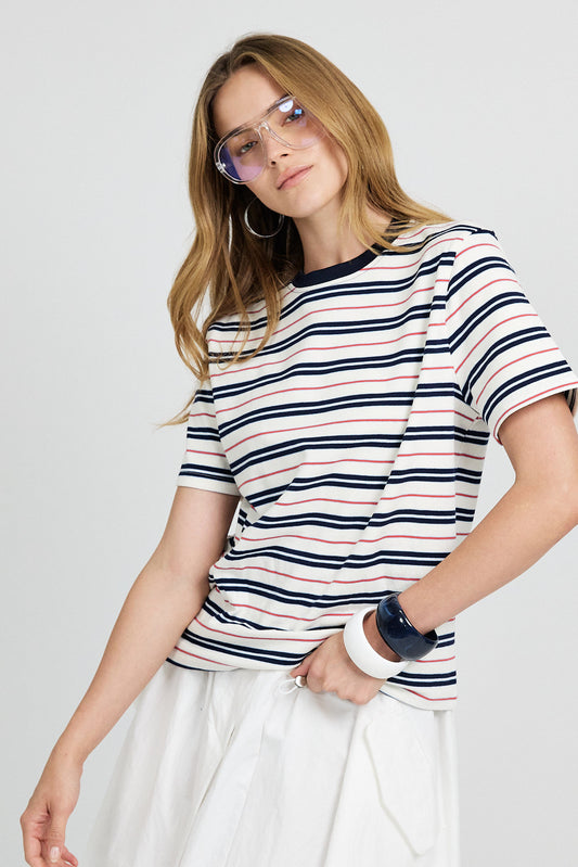 Classic Cotton Rib Striped T Shirt – cream-Navy