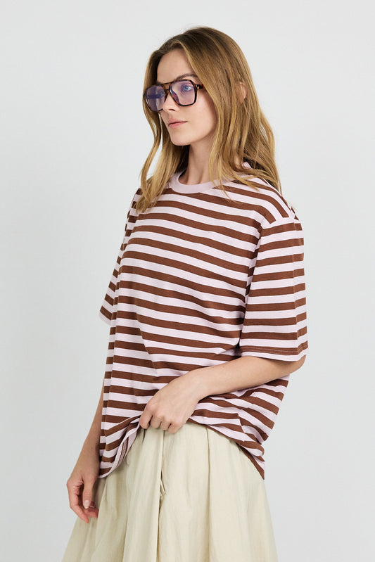 Oversized Striped Basic T-Shirt – Pink & Brown