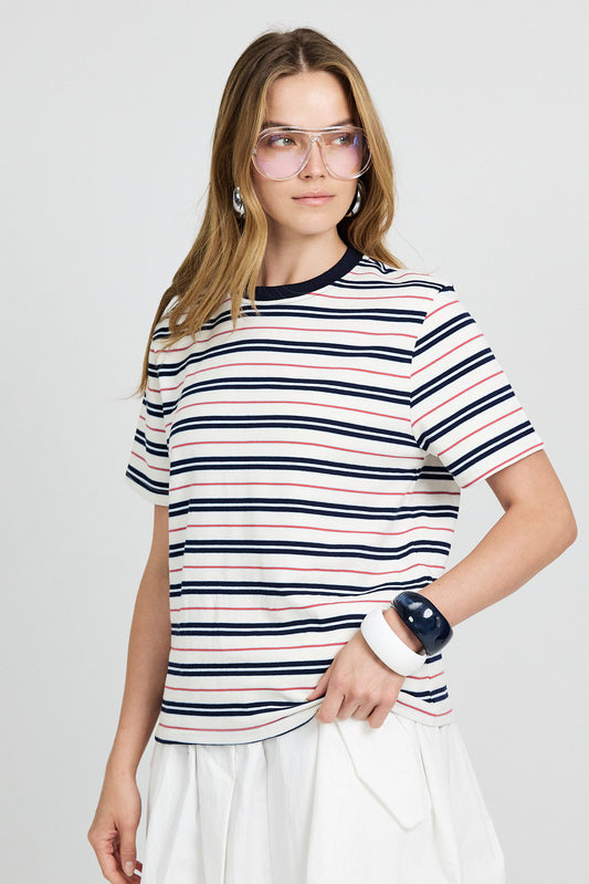 Classic Cotton Rib Striped T Shirt – cream-Navy