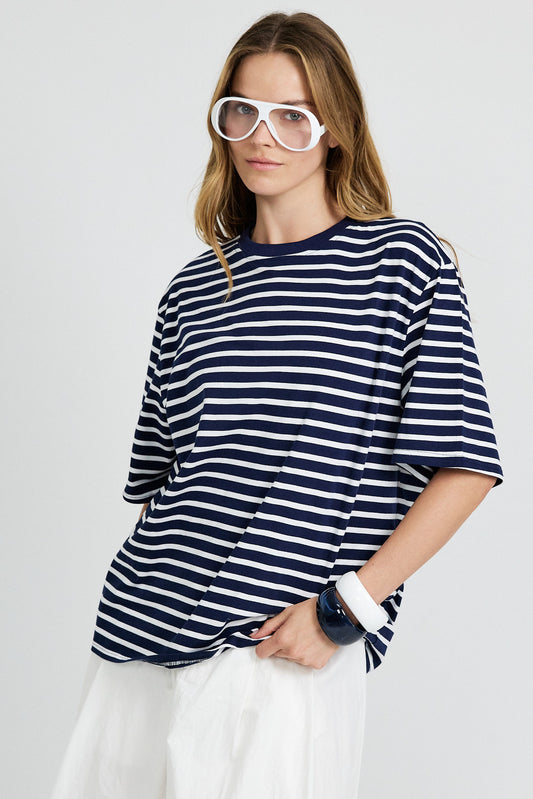Oversized Striped Basic T-Shirt – Navy Blue & White