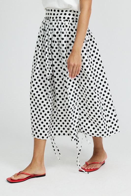 Balloon Drawstring Midi Skirt - White Large Polka Dot