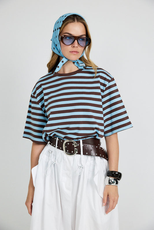 Oversized Striped Basic T-Shirt – Turquoise & Brown