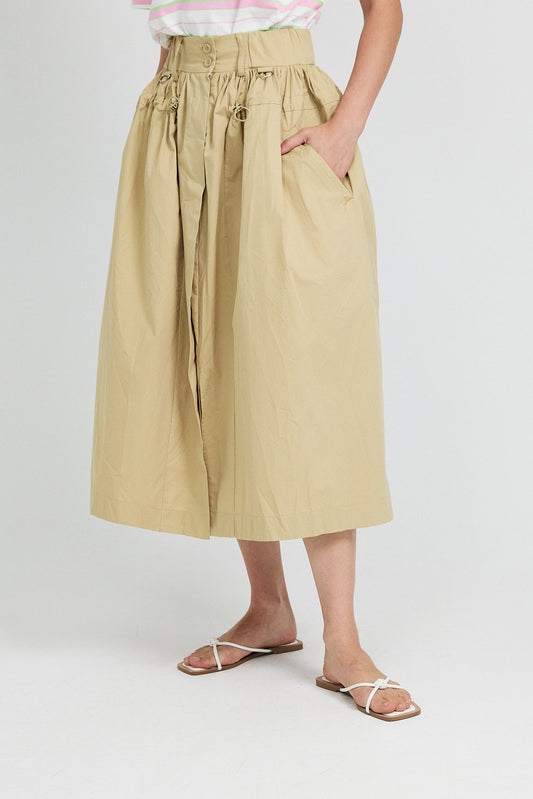 Utility Gathered Cotton Midi Skirt – Beige