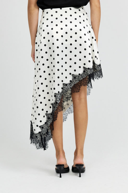 Polka Dot Lace Trim Asymmetric Satin Skirt - Cream