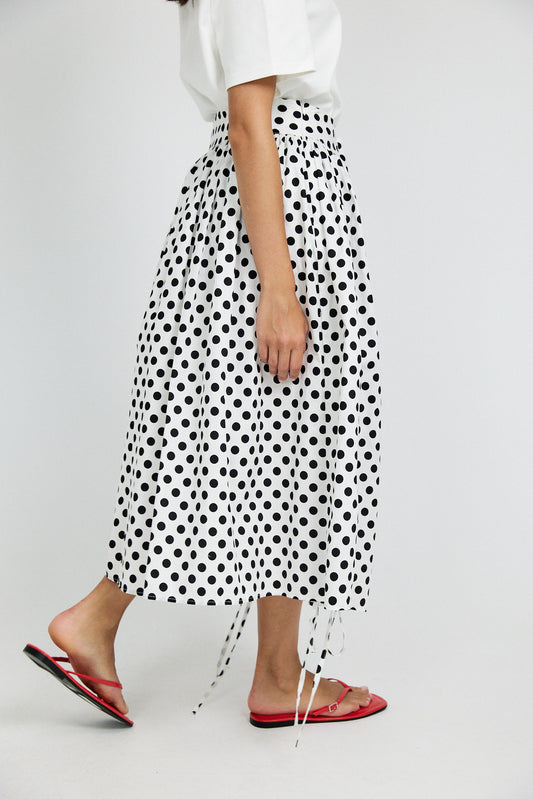 Balloon Drawstring Midi Skirt - White Large Polka Dot