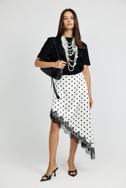 Polka Dot Lace Trim Asymmetric Satin Skirt - Cream