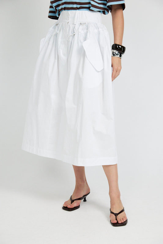 Utility Gathered Cotton Midi Skirt – White