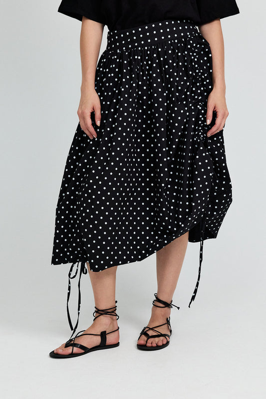 Balloon Drawstring Midi Skirt - Black Polka Dot