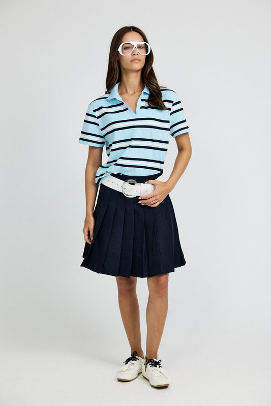 Classic Rib Striped Polo T Shirt-Sky Blue & Navy