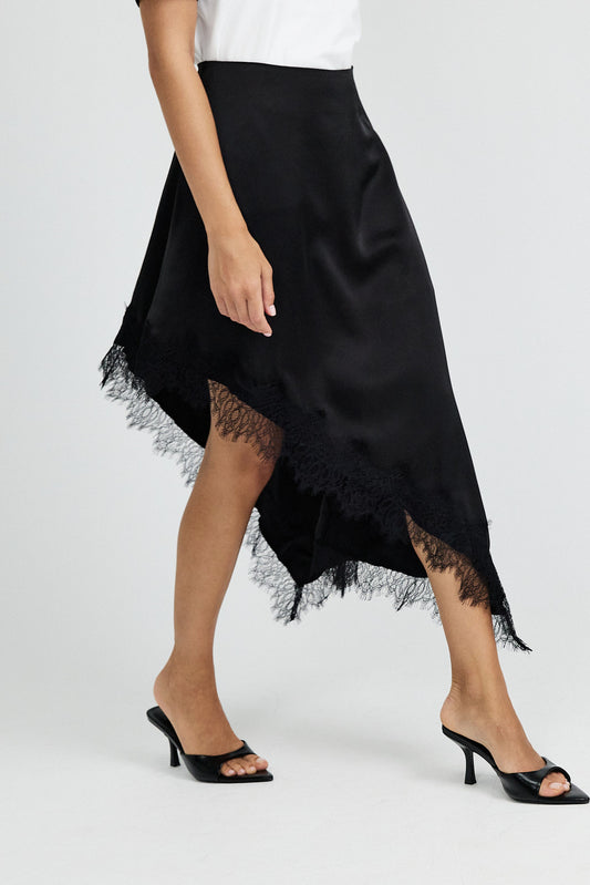 Lace Trim Asymmetric Satin Skirt - Black