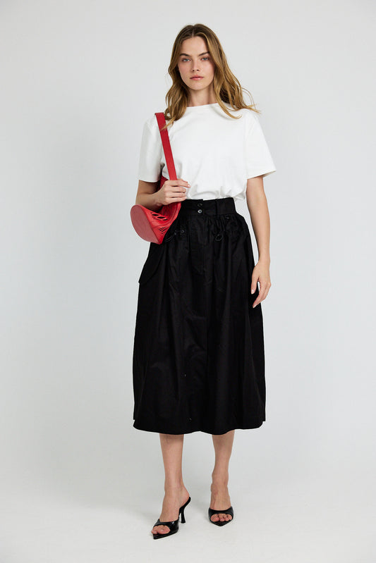 Utility Gathered Cotton Midi Skirt – Black