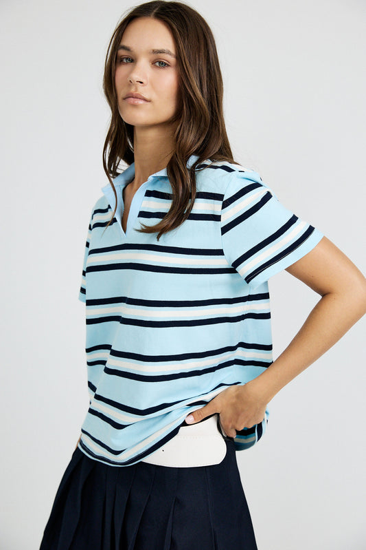 Classic Rib Striped Polo T Shirt-Sky Blue & Navy
