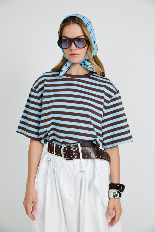 Oversized Striped Basic T-Shirt – Turquoise & Brown