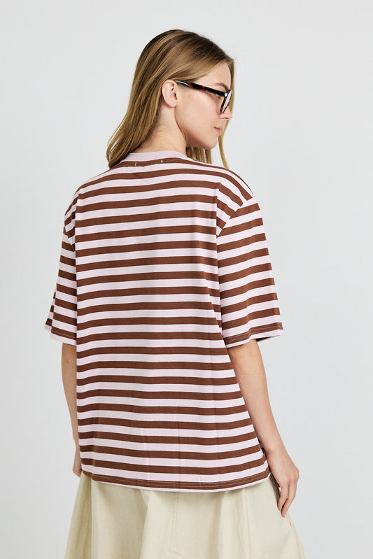 Oversized Striped Basic T-Shirt – Pink & Brown