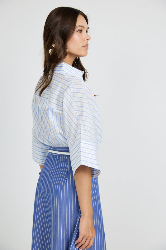 Monroe Oversized Batwing Stripe Shirt –White & Sky Blue
