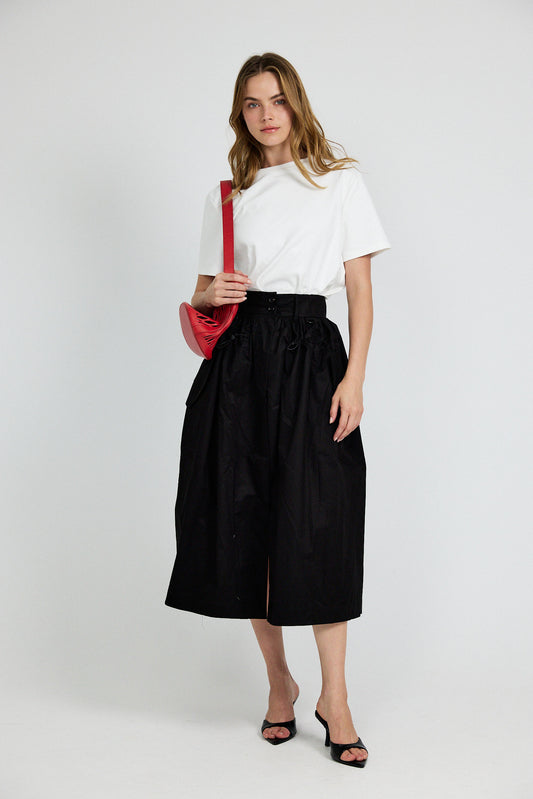 Utility Gathered Cotton Midi Skirt – Black