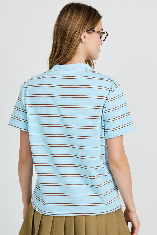 Classic Rib Striped Polo T Shirt-Sky Blue & Brown
