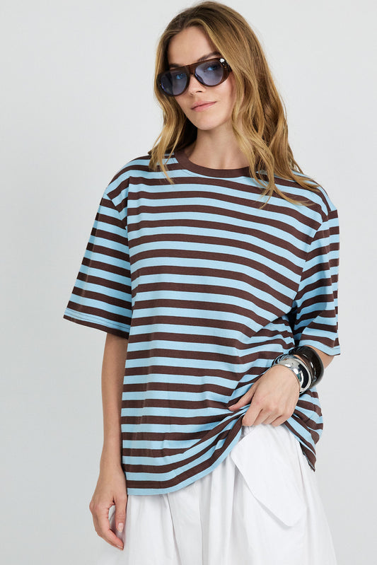 Oversized Striped Basic T-Shirt – Turquoise & Brown