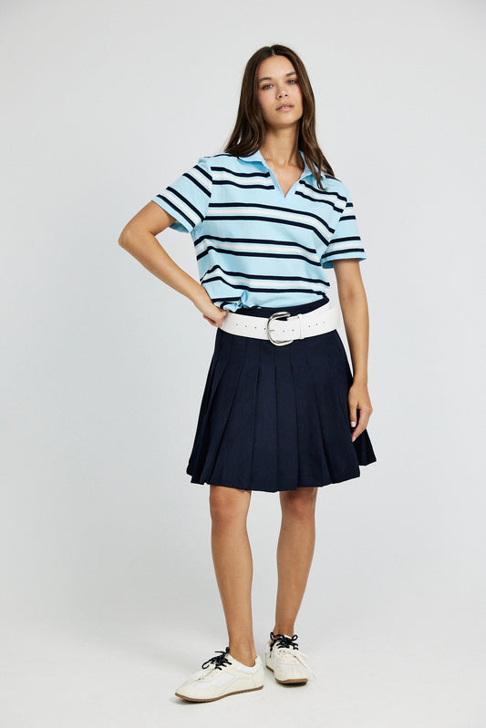 Classic Rib Striped Polo T Shirt-Sky Blue & Navy