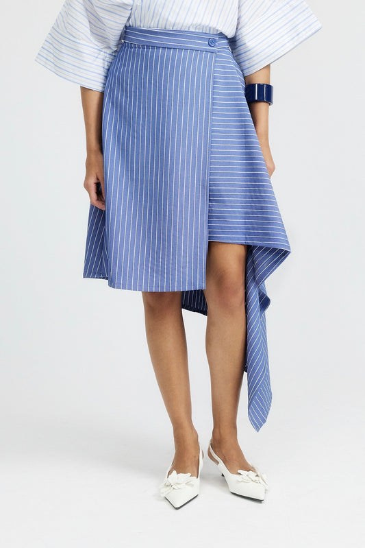 Pinstripe Asymmetric Wrap Skirt - Light Blue