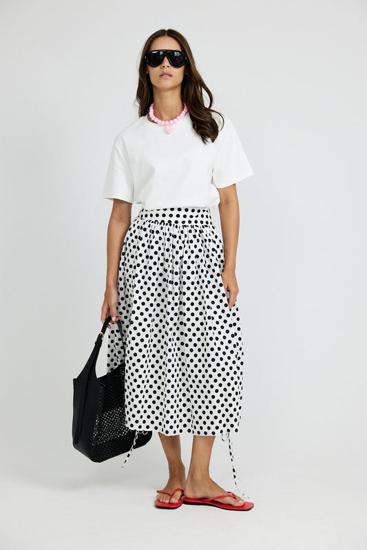 Balloon Drawstring Midi Skirt - White Large Polka Dot