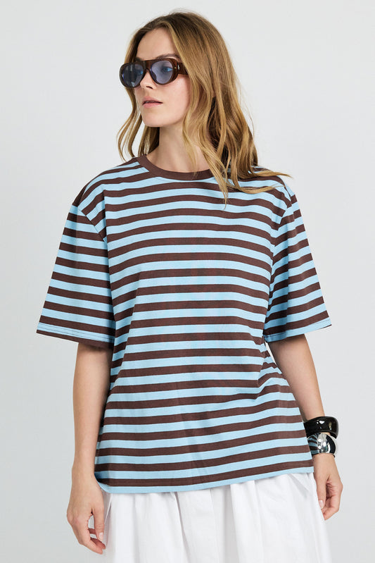 Oversized Striped Basic T-Shirt – Turquoise & Brown