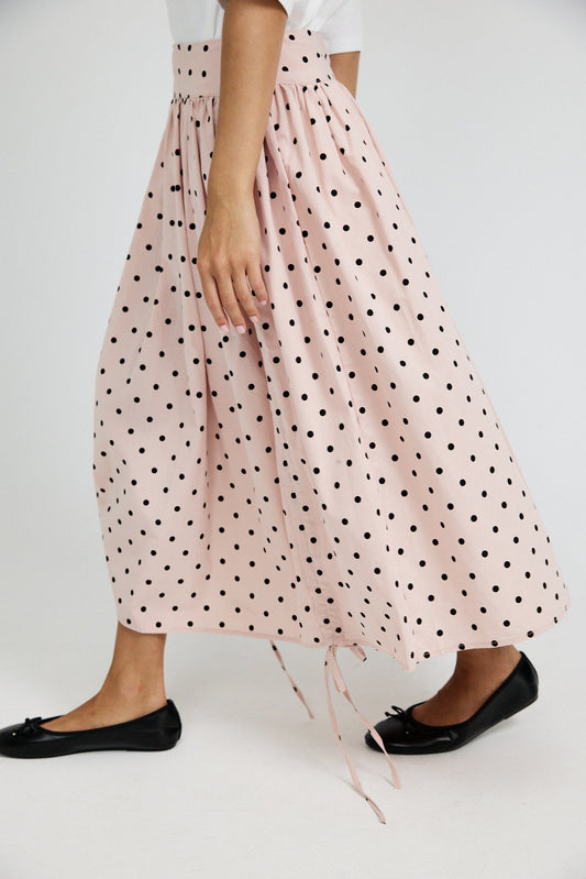 Balloon Drawstring Midi Skirt - Pink Polka Dot