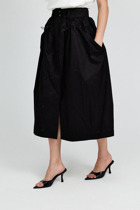 Utility Gathered Cotton Midi Skirt – Black