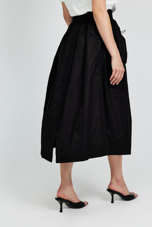 Utility Gathered Cotton Midi Skirt – Black
