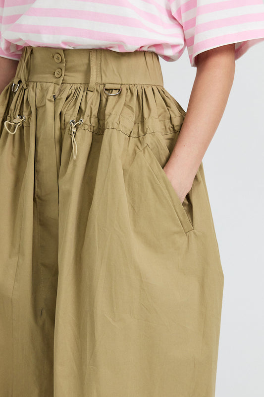 Utility Gathered Cotton Midi Skirt – Khaki