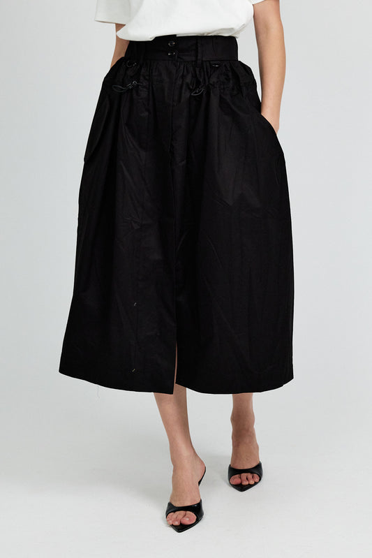 Utility Gathered Cotton Midi Skirt – Black