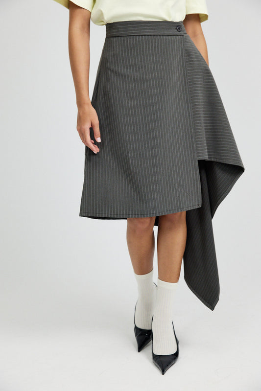 Pinstripe Asymmetric Wrap Skirt - Dark Grey