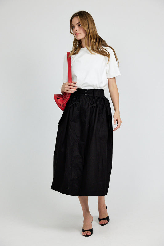 Utility Gathered Cotton Midi Skirt – Black