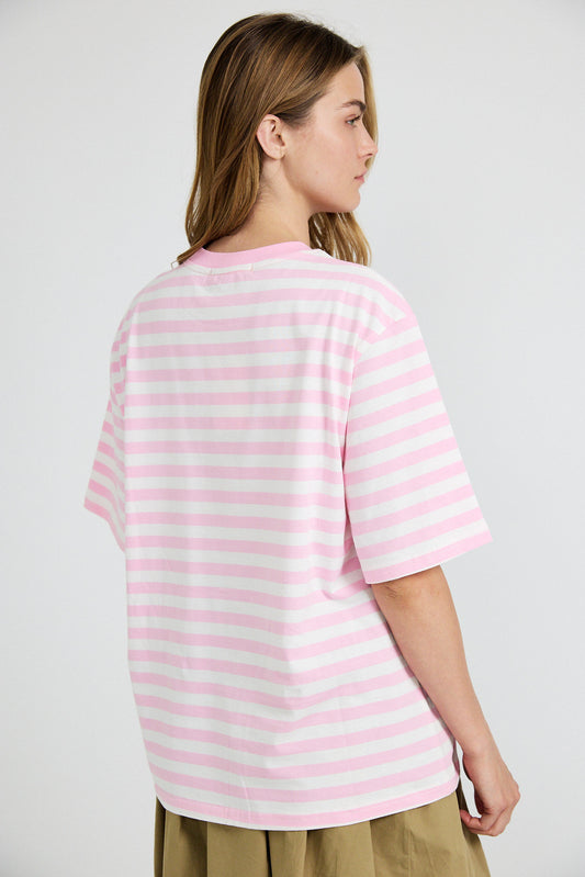 Oversized Striped Basic T-Shirt – Pink & Cream