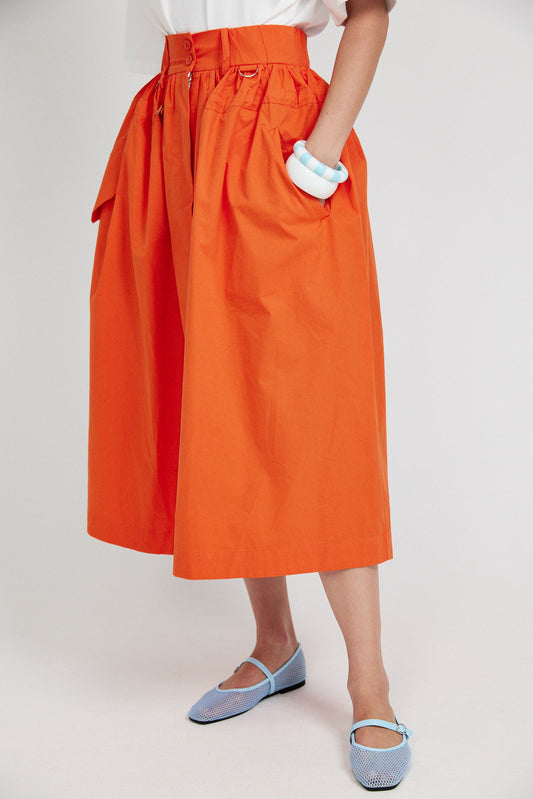 Utility Gathered Cotton Midi Skirt – Orange