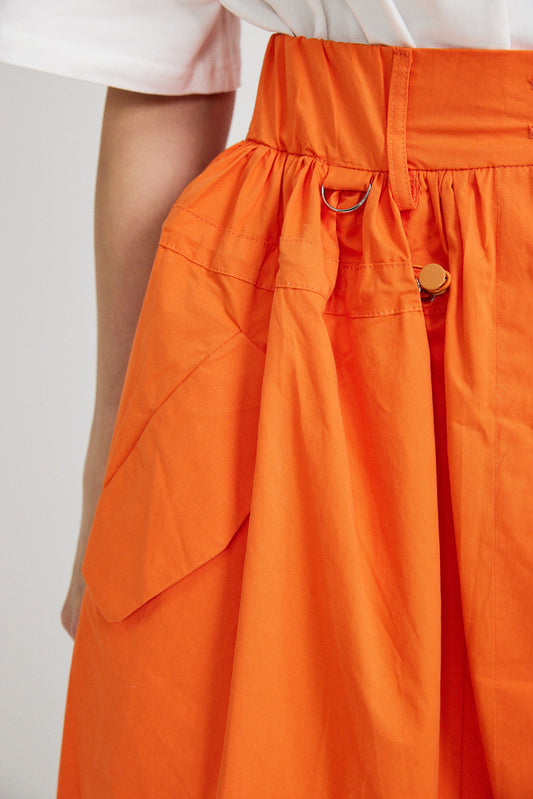 Utility Gathered Cotton Midi Skirt – Orange