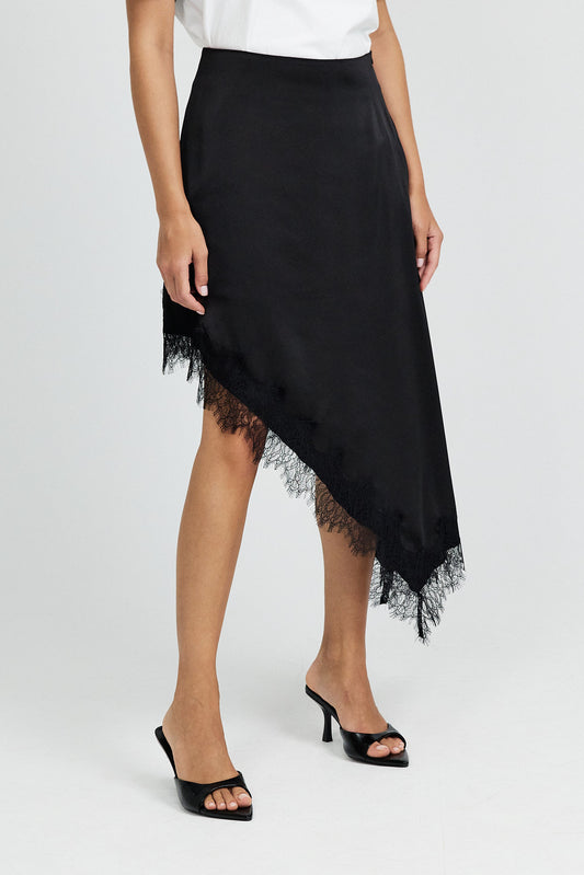 Lace Trim Asymmetric Satin Skirt - Black