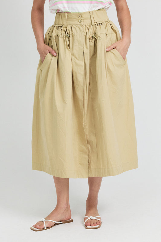 Utility Gathered Cotton Midi Skirt – Beige