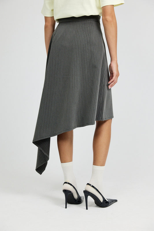 Pinstripe Asymmetric Wrap Skirt - Dark Grey