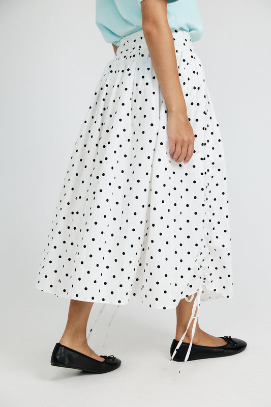 Balloon Drawstring Midi Skirt - White Polka Dot