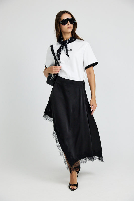 Lace Trim Asymmetric Satin Skirt - Black