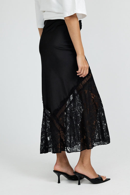 Lace Panel Satin Maxi Skirt – Black