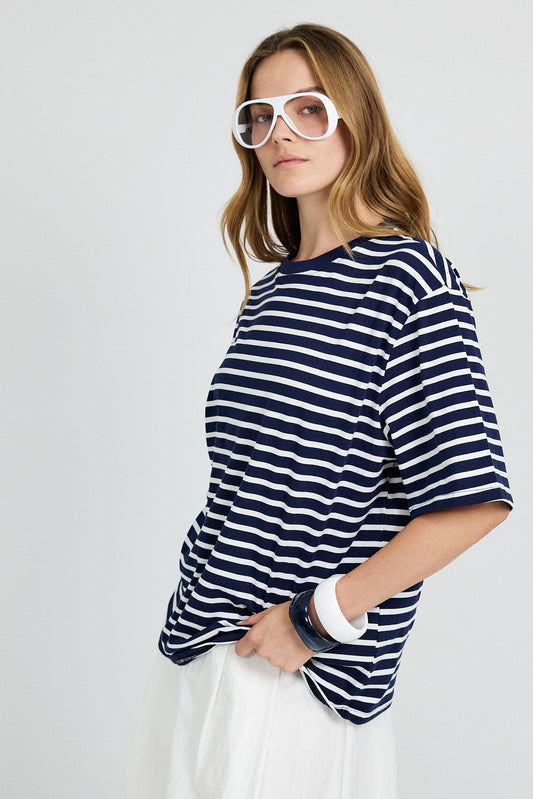 Oversized Striped Basic T-Shirt – Navy Blue & White
