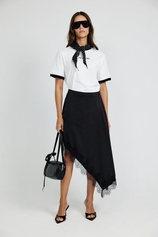 Lace Trim Asymmetric Satin Skirt - Black