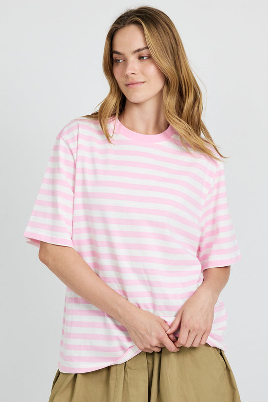 Oversized Striped Basic T-Shirt – Pink & Cream