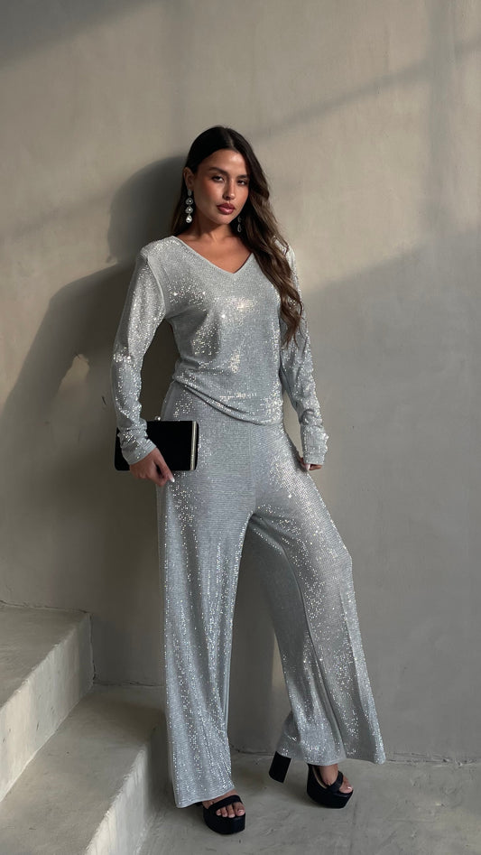 חליפת מכנס ניטים אלסנדרה | אפור כסוף