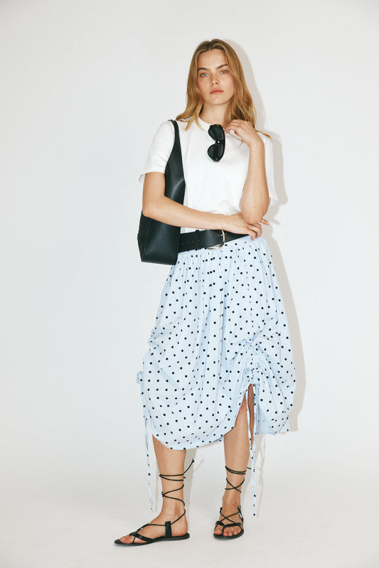 Balloon Drawstring Midi Skirt - Light Blue Polka Dot