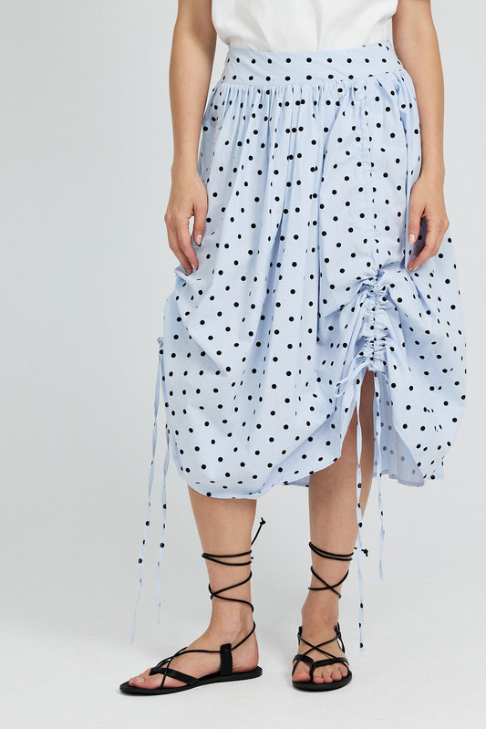 Balloon Drawstring Midi Skirt - Light Blue Polka Dot