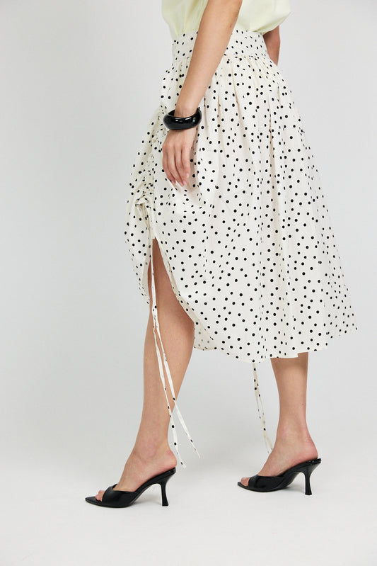 Balloon Drawstring Midi Skirt - Cream Polka Dot